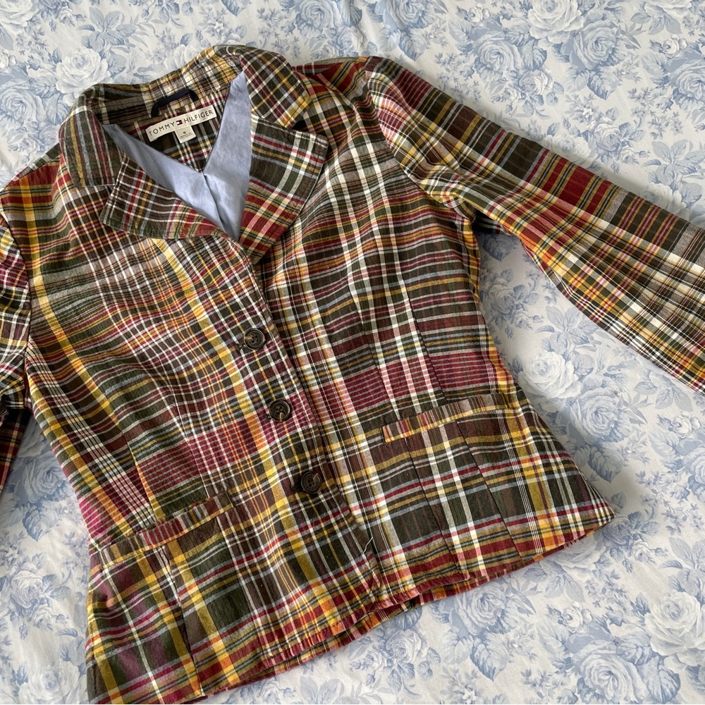 Retro Tommy Hilfiger Blazer Plaid All Over Double Sided Print Size 8 Academia